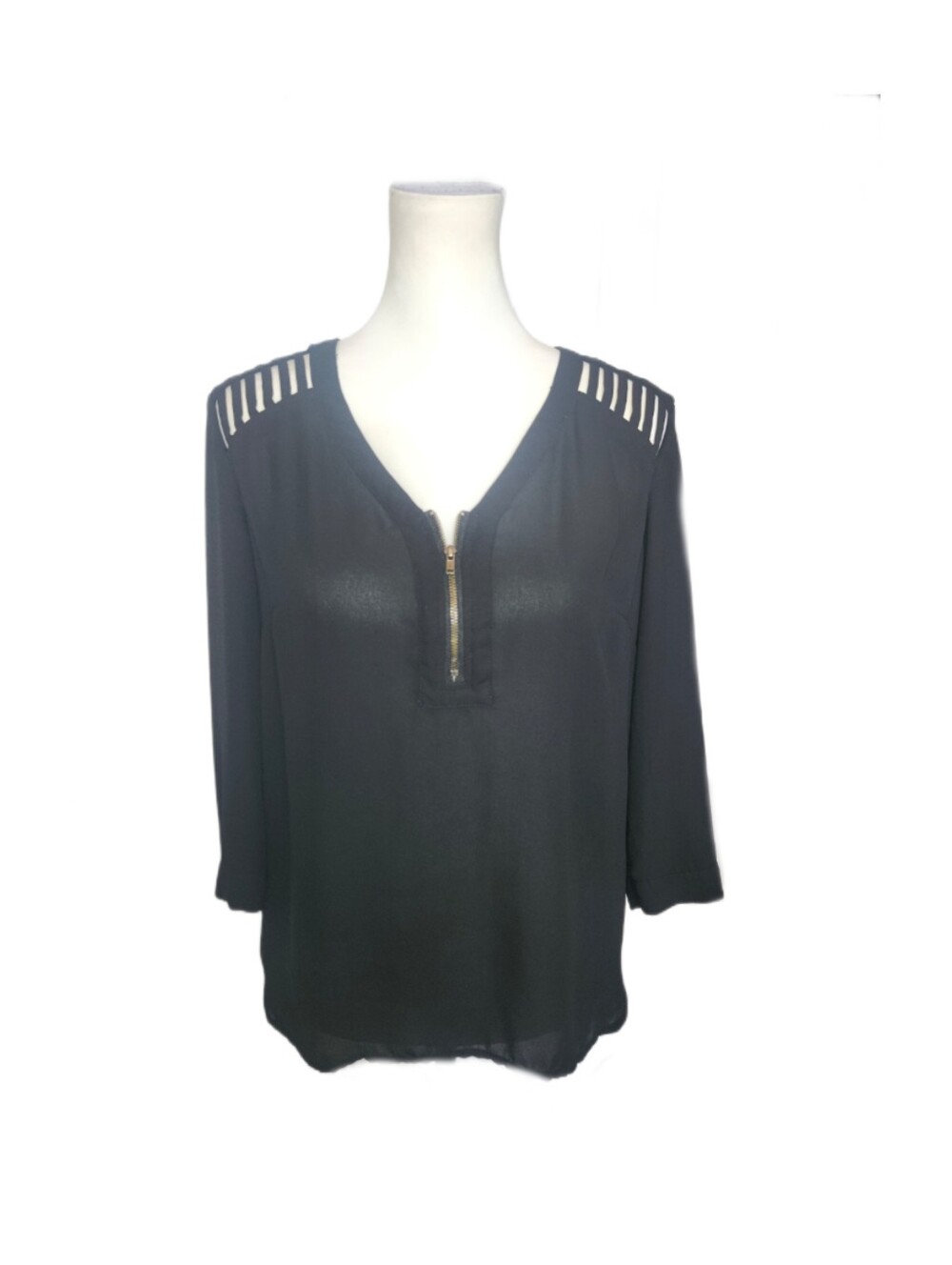 Bongo Black Semi Sheer Blouse, Cutouts At Shoulders, Zip Neck, M - Picture 2 of 7